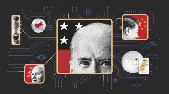 A collage featuring a grayscale face at the center with stars and a flag motif is surrounded by maps, a missile, and a circuit board, hinting at themes of geopolitics and technology—a visual narrative of the intricate dynamics in the ongoing chip war.