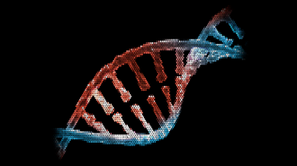 Digital illustration of a DNA double helix with red and blue colors on a black background.