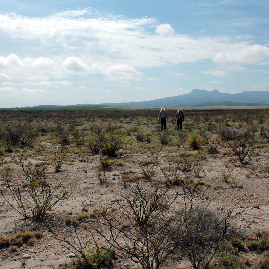 Two people walk in a sparse desert landscape, mindful of the looming water scarcity, with distant mountains under a cloudy sky.