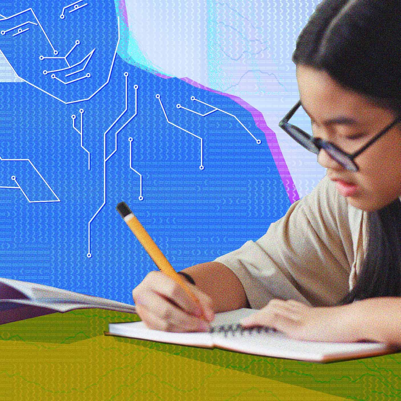 A girl with glasses writes in a notebook as a digital illustration of a person with circuit patterns looms behind her, symbolizing an AI tutor like Khanmigo guiding her studies in technology and artificial intelligence.
