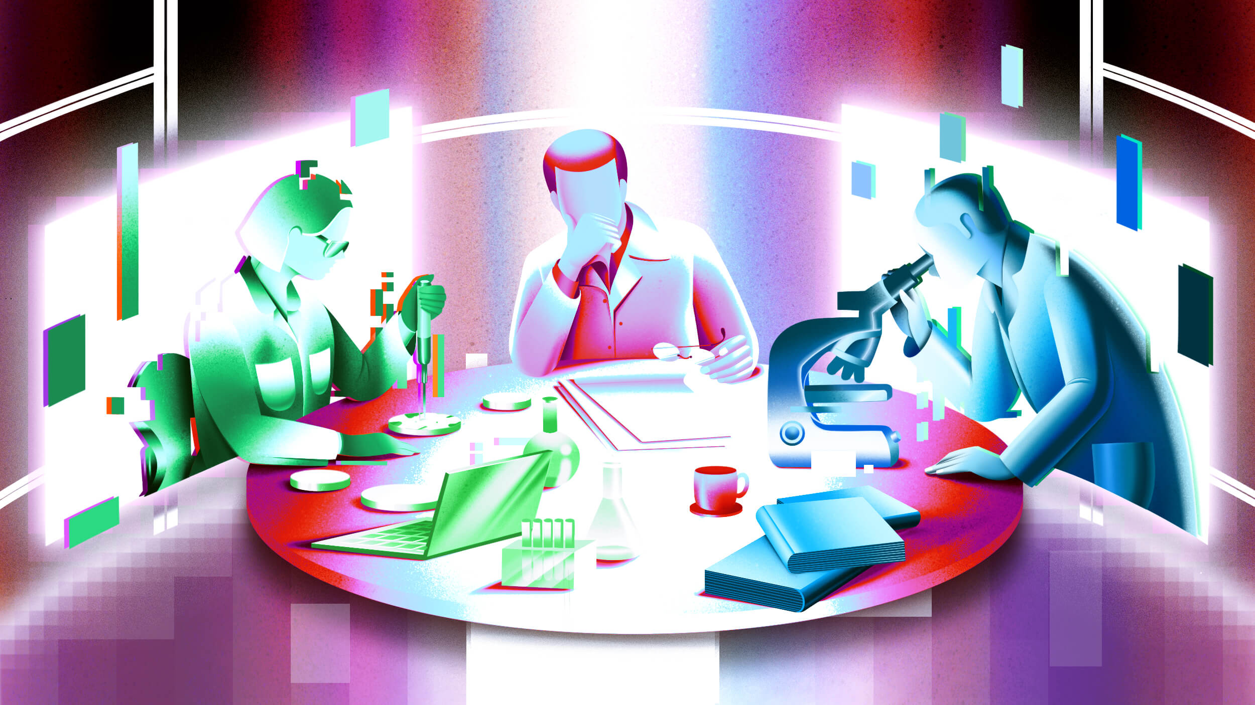 Three scientists at a round table, one using a microscope, another holding a beaker, and the third writing in a notebook. Various scientific equipment and books are on the table.