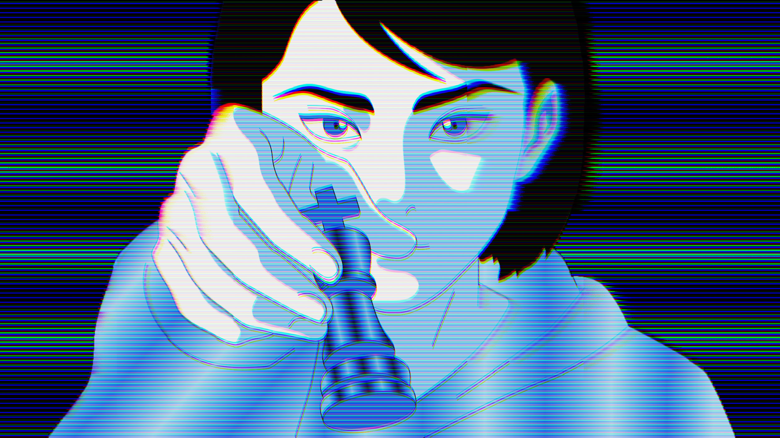 A person holding a chess piece, depicted in a stylized blue-toned digital art with horizontal glitch lines.