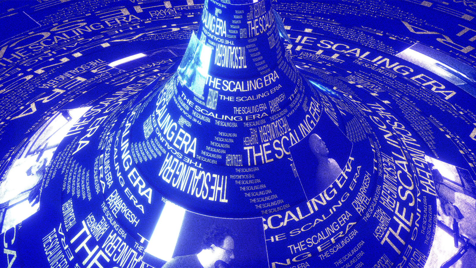 A swirling, cone-shaped graphic with the repeated text "The Scaling Era" in various orientations against a blue background.