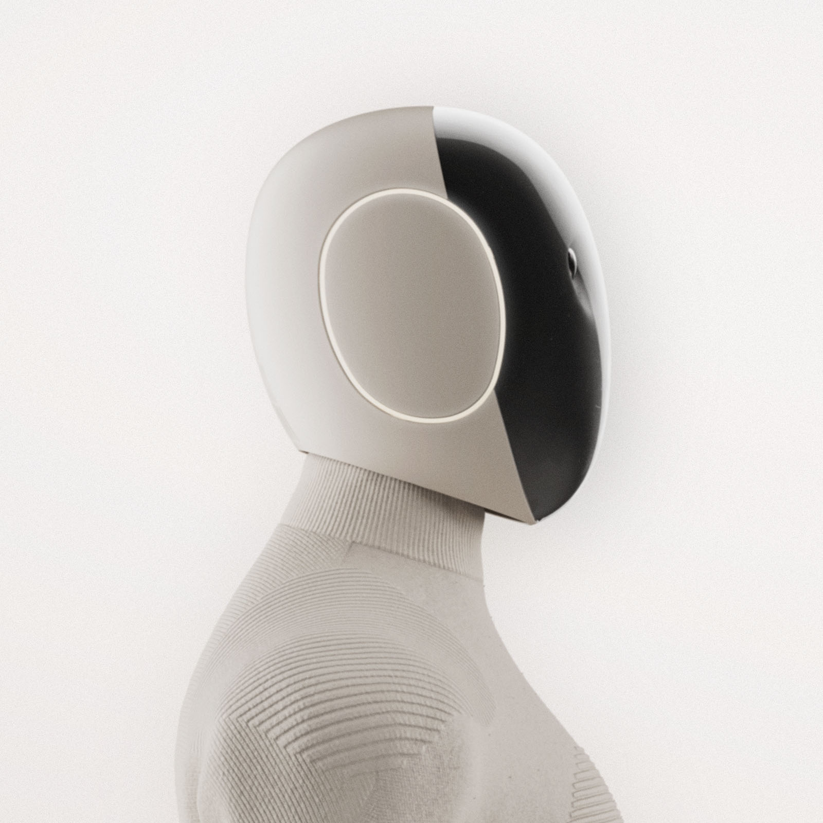A mannequin resembling a humanoid figure dons a 1X futuristic helmet with a sleek, two-tone design in beige and black. The backdrop is minimalistic, ensuring all focus remains on the avant-garde headgear.