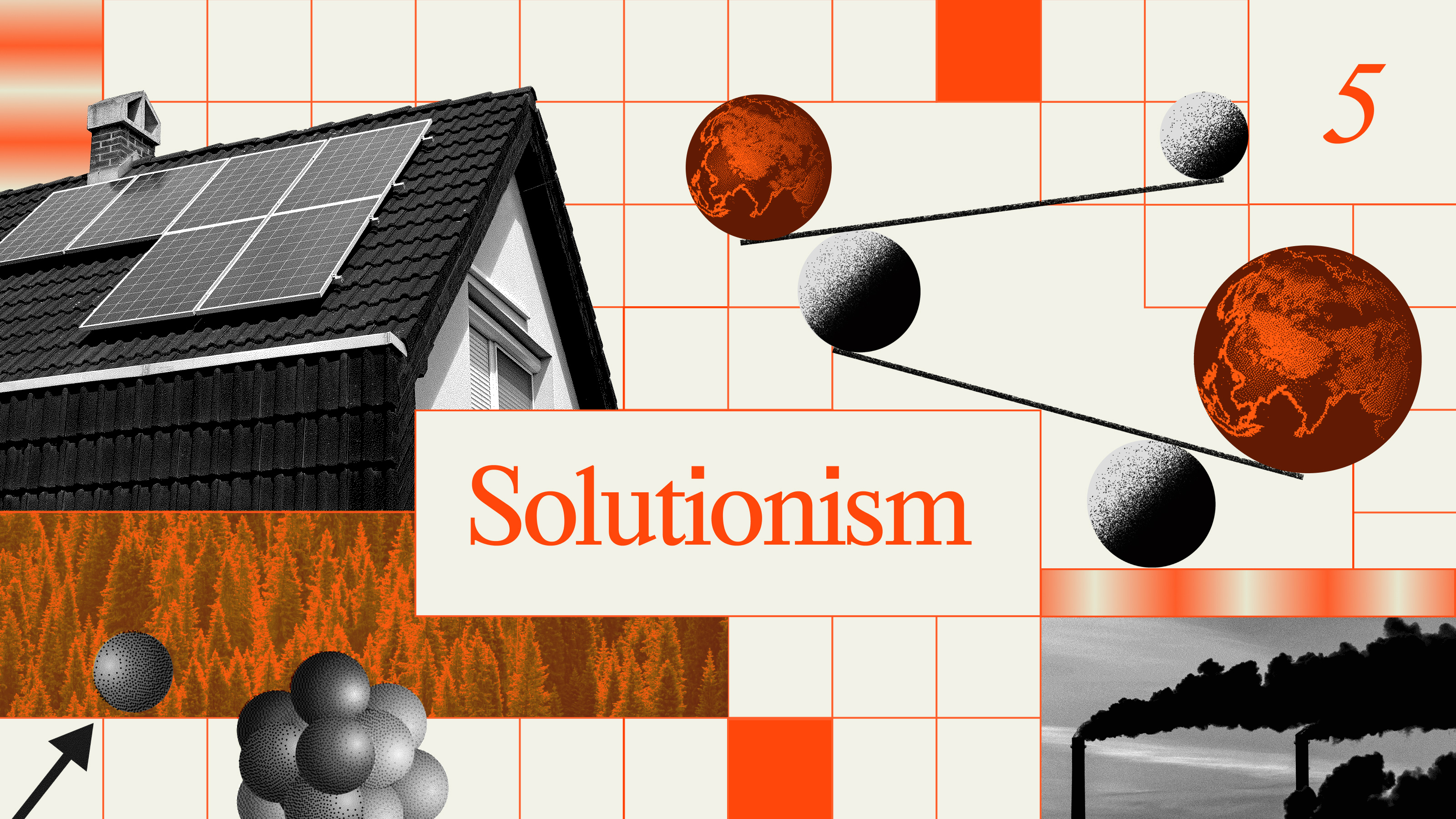 Collage with house roof solar panels, abstract spheres, red planets, forest, and industrial smoke, centered text: "Solutionism," with a checkered background.
